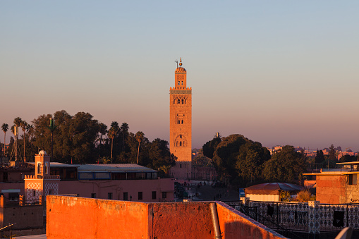 Koutoubia Mosque in Marrakesh at sunrise. \nMarrakesh, Marrakesh-Safi, Morocco.