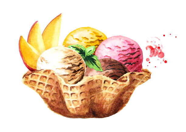istock Ice cream scoops with fruits and mint in waffle bowl. Watercolor hand drawn illustration, isolated on white background 1130624078