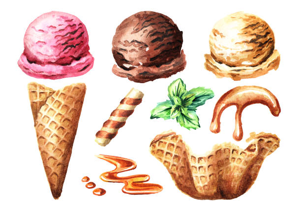 ilustrações, clipart, desenhos animados e ícones de conjunto de vários elementos de sorvete. ilustração de aquarela mão desenhada, isolado no fundo branco - ice cream sundae ice cream chocolate