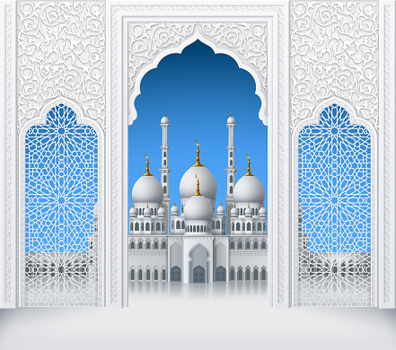 Illustration of door or window of mosque, geometric pattern, background for ramadan kareem greeting cards, EPS 10 contains transparency.