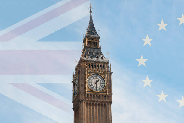 The Big Ben between the Union Jack and the European Flag Brexit concept image: The Big Ben between the Union Jack and the European Flag big ben stock pictures, royalty-free photos & images