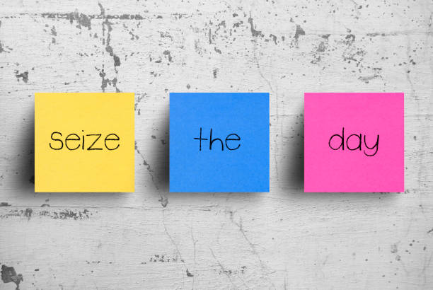 istock Sticky note on concrete wall, Seize the day 1130628489