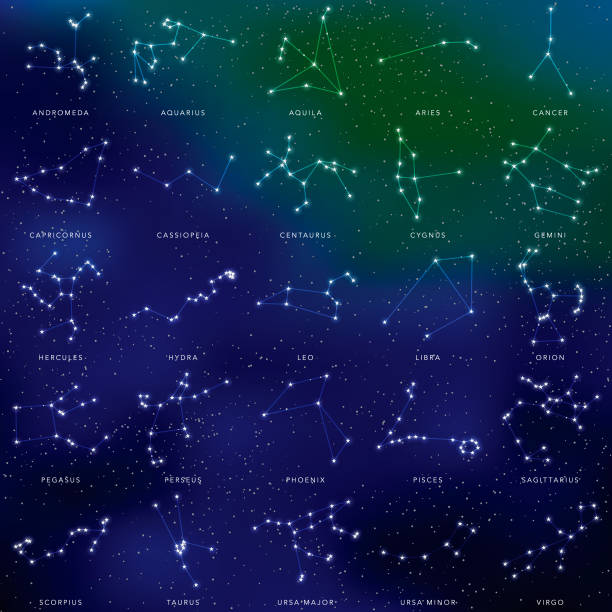 Star Constellations Icon Set A set of star constellations, with captions. File is built in RGB and contains multiple transparency effects as well as a gradient mesh background (only editable in Adobe Illustrator). orion stars stock illustrations