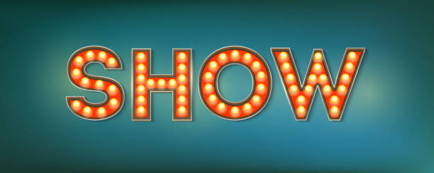 istock Show. Illuminated street sign in the vintage style. 3d vector illustration on broadway show theme with lighting bulbs and design of text on grunge blue background. Template for posters, cover 1130629434
