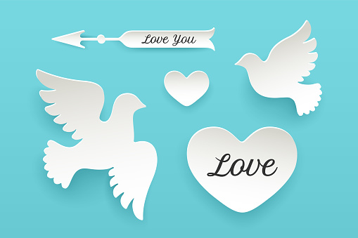 Set of paper objects, heart, dove, pigeon, arrow with shadow. White paper isolated silhouette symbols with text Love, Love You. Design elements for Valentine Day, theme of Love. Vector Illustration
