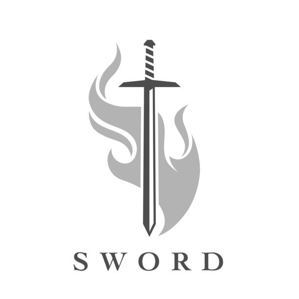 illustrazioni stock, clip art, cartoni animati e icone di tendenza di icona spada con modello emblema fiamma - sword