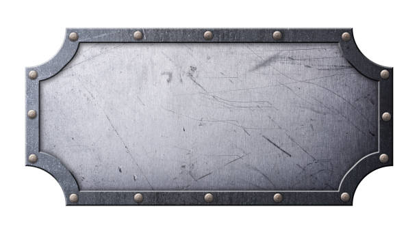 istock Gray grunge scratched metallic nameplate in figured frame on rivets 1130632538