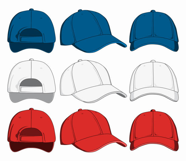 야구 모자, 앞, 뒤 및 측면 ��보기의 집합입니다. 벡터 일러스트 레이 션 - baseball cap illustrations stock illustrations