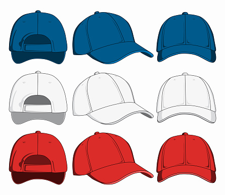 Set of caps, front, back and side view. Vector illustration
