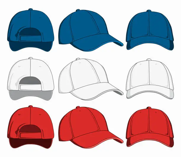 Vector illustration of Set of baseball caps, front, back and side view. Vector illustration