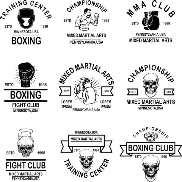 ilustrações de stock, clip art, desenhos animados e ícones de set of mma and boxing club emblems. design element for label, sign, poster, t shirt. - boxing glove sports glove retro revival old fashioned