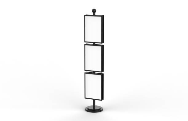 istock Poster stand takes multiple A2, A3, A4, A5 posters on a tall stand, mock up template for retail displays in stores as a shop poster stand, 3d illustration 1130636492
