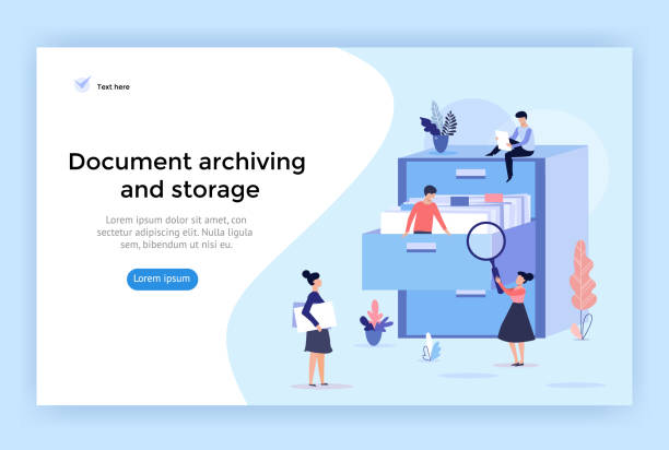 Document archiving and storage concept illustration. Document archiving and storage concept illustration, perfect for web design, banner, mobile app, landing page, vector flat design filing cabinet stock illustrations