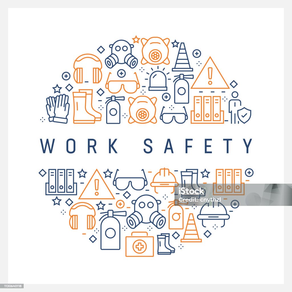 Work Safety Concept - Colorful Line Icons, Arranged in Circle Occupational Safety And Health stock vector