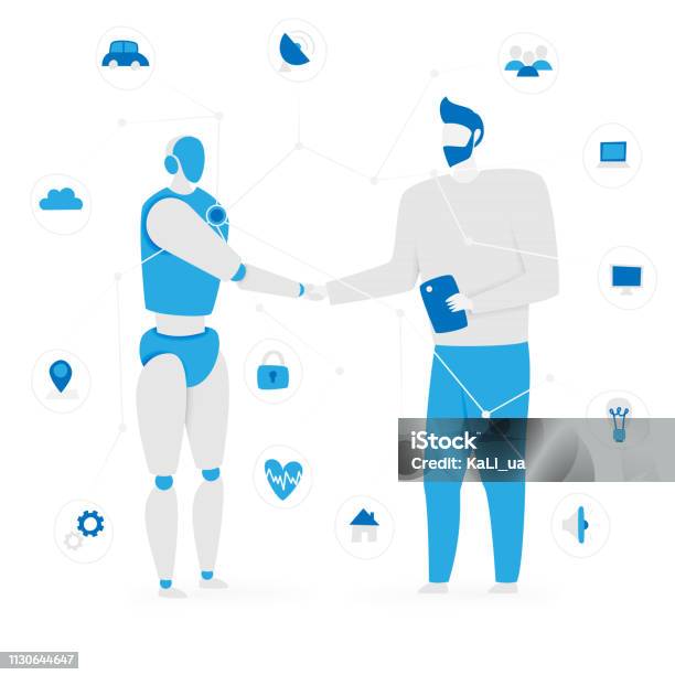 Iot Concept With People And Robot Stock Illustration - Download Image Now - Adult, Appliance, Automated