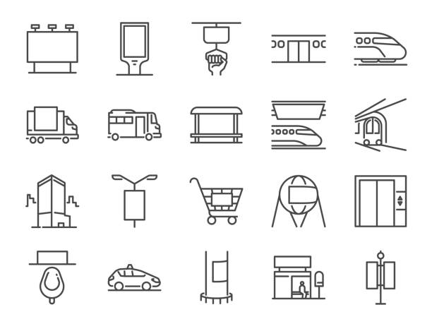Out of home media line icon set. Included icons as advertise, outdoor advertising, marketing, outdoor media and more. Out of home media line icon set. Included icons as advertise, outdoor advertising, marketing, outdoor media and more. billboard stock illustrations