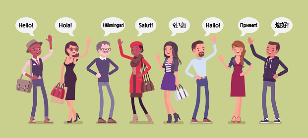 Hello greeting in languages and group of diverse people. Friendly men and women from different countries saying hi, giving a polite word of recognition and hand sign of welcome. Vector illustration
