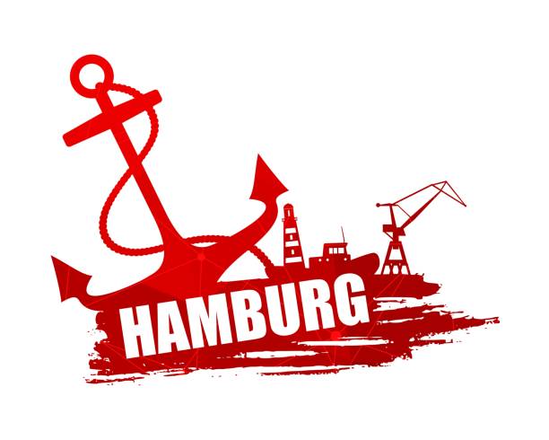 Commercial seaport abstraction Anchor, lighthouse, ship and crane icons on brush stroke. Calligraphy inscription. Hamburg city name text. Connected lines with dots. hamburg stock illustrations