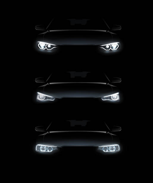 istock Vector illustration of car lights realistic set stylish automobile silhouette with white headlights on background 1130645799