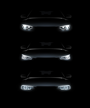 Vector illustration of car lights realistic set stylish automobile silhouette with white headlights on black background