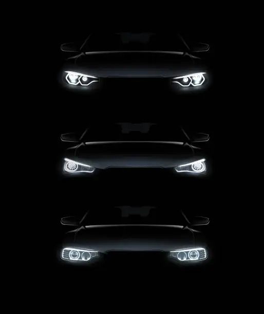 Vector illustration of Vector illustration of car lights realistic set stylish automobile silhouette with white headlights on background