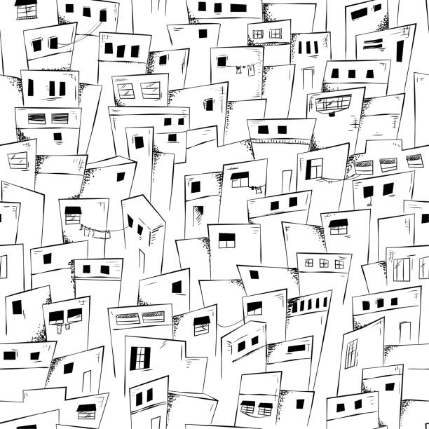 bezszwowy wzór slumsów w czerni i bieli. - seamless house pattern town stock illustrations