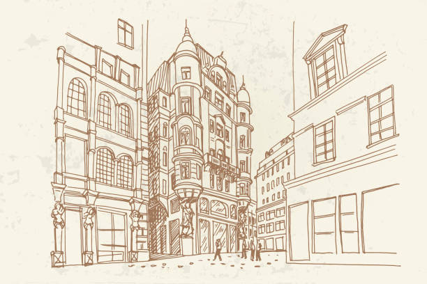 vector sketch of architecture in Graben street in Vienna, Austria. vector sketch of architecture in Graben street in Vienna, Austria. Retro style. graben vienna stock illustrations