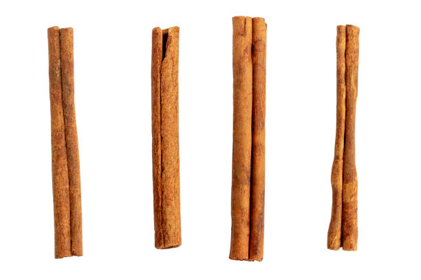 Cinnamon sticks isolated on white. Four cinnamon sticks isolated on white background closeup. Top view. stick plant part photos stock pictures, royalty-free photos & images