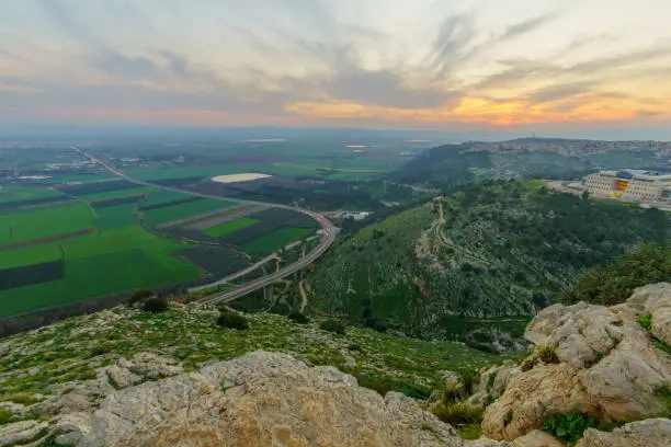 Sunset view of the Jezreel Valley, from Mount Precipice. Israel