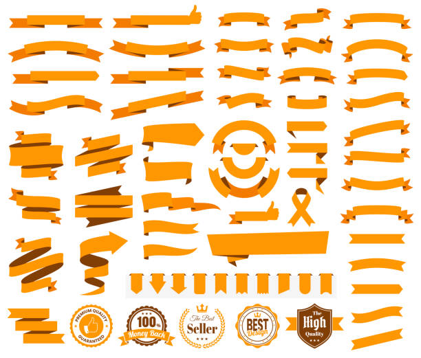 набор оранжевых лент, баннеров, значков, этикеток - элементы дизайна на белом фоне - ribbon stock illustrations