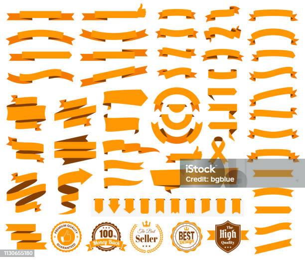 Set Of Orange Ribbons Banners Badges Labels Design Elements On White Background Stock Illustration - Download Image Now