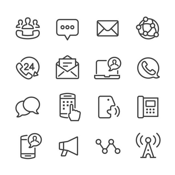 zestaw ikon komunikacji - seria liniowa - telephone dialing human hand office stock illustrations