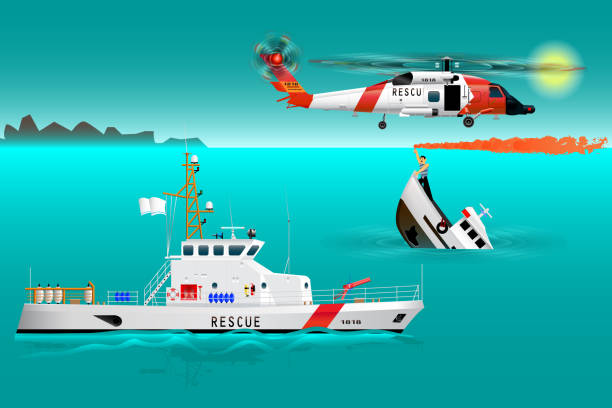 Helicopter rescue teams and ship at sea. Coast security. Sinking boat. Sailor takes a distress signal. The accident on the water. Rescue on the water Helicopter rescue teams and ship at sea. Coast security. Sinking boat. Sailor takes a distress signal. The accident on the water. Rescue on the water sinking ship images stock illustrations