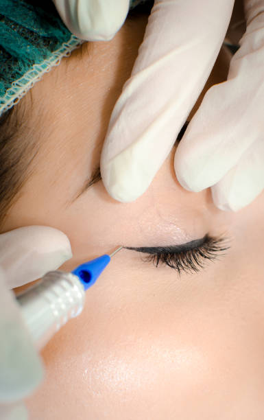 istock Cosmetologist applying permanent make up eyeliner, eyeliner tattoo procedure 1130659292