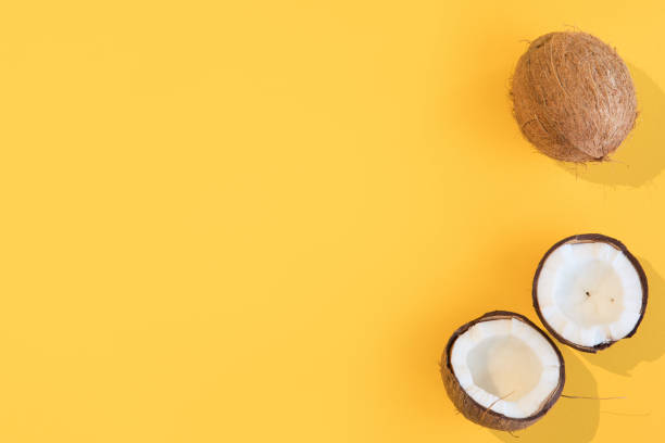 istock Creative layout of coconut on yellow background. Flat lay. 1130659335