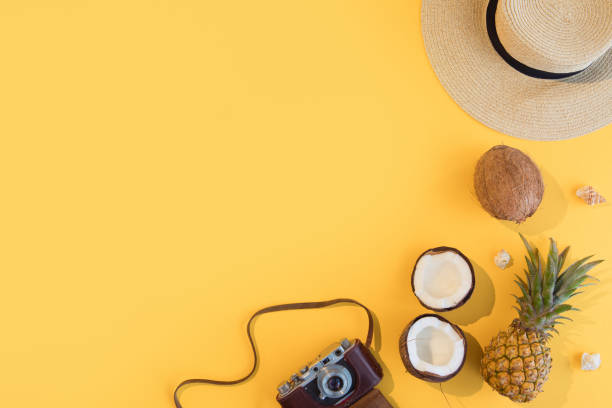 istock Summer background on yellow, flat lay and top view 1130659816