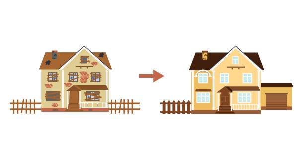 House before and after repair. Old run-down home. Renovation building. House before and after repair. Old run-down home. Renovation building. The cottage is modern. Vector illustration. run down house stock illustrations