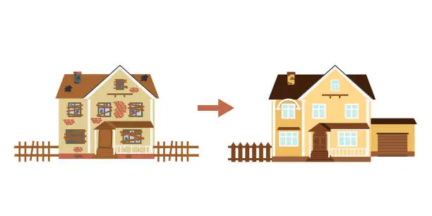 Vector illustration of House before and after repair. Old run-down home. Renovation building.