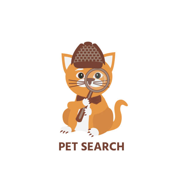 istock Cat search icon, logo. The cat  holds a magnifying glass in his hand. 1130660745