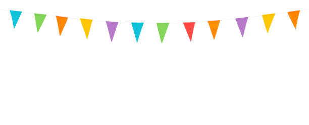 party flags isolated on a white background colorful paper party flags or garland on a rope isolated white background streamer photos stock pictures, royalty-free photos & images