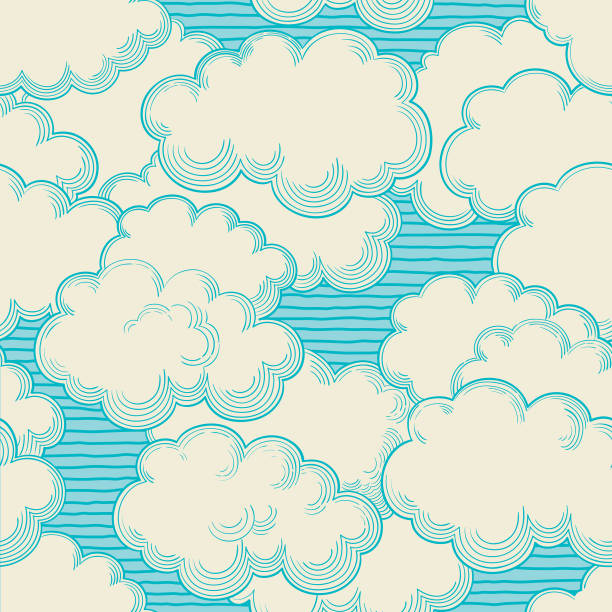 Cloudy turquoise sky Vector seamless patterns  of  sky with clouds at retro style sky designs stock illustrations