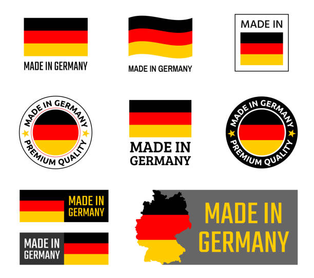 in deutschland etiketten hergestellt, deutsches produkt-emblem - germany postage stamp yellow red stock-grafiken, -clipart, -cartoons und -symbole