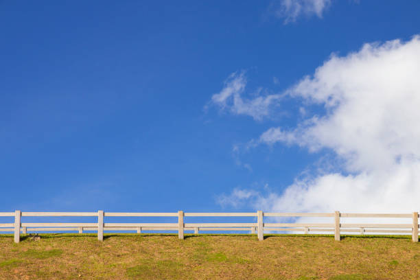 wood fence with grass and blue sky
