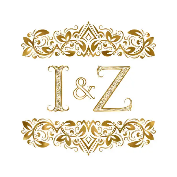 Vector illustration of I and Z vintage initials symbol. The letters are surrounded by ornamental elements. Wedding or business partners monogram in royal style.