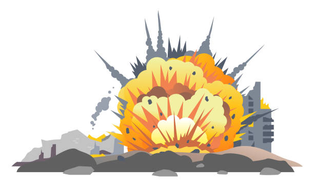 ilustraciones, imágenes clip art, dibujos animados e iconos de stock de explosión de bomba en suelo - fireball flame fire bomb
