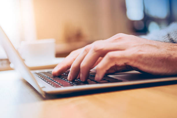 Hands of business person working on computer Hands of business person working on laptop filling out stock pictures, royalty-free photos & images