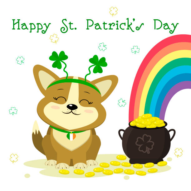 ilustraciones, imágenes clip art, dibujos animados e iconos de stock de día de san patricio s. bisel de corgi perro lindo con trébol, jugador de bolos con monedas de oro, arco iris, trébol. estilo de dibujos animados, diseño plano. ilustración de vector - st patricks day dog irish culture leprechaun