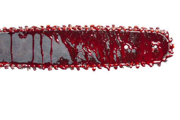 detail of chainsaw with blood bloody chainsaw isolated on white chainsaw photos stock pictures, royalty-free photos & images