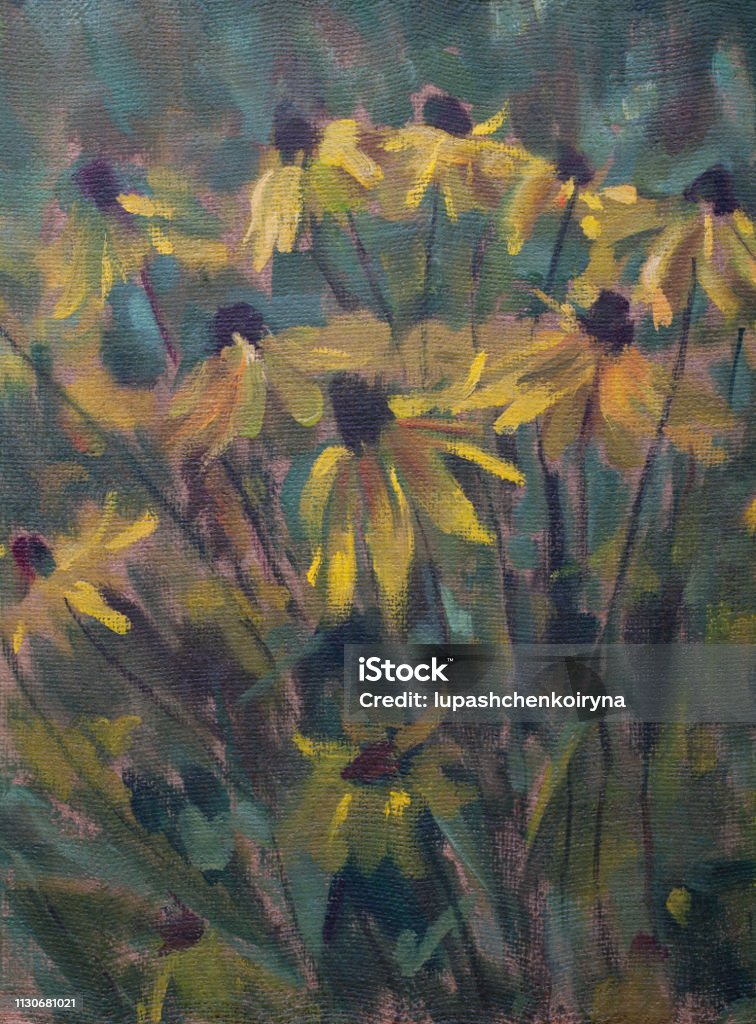 Fashionable illustration modern art work flowers my original oil painting on canvas impressionism vertical summer landscape blooming in a bed of Rudbeckia Fashionable illustration modern art work flowers my original oil painting on canvas impressionism  vertical summer landscape blooming in a bed of Rudbeckia against the green grass of the leaves of the stems and buds of garden plants Art stock illustration