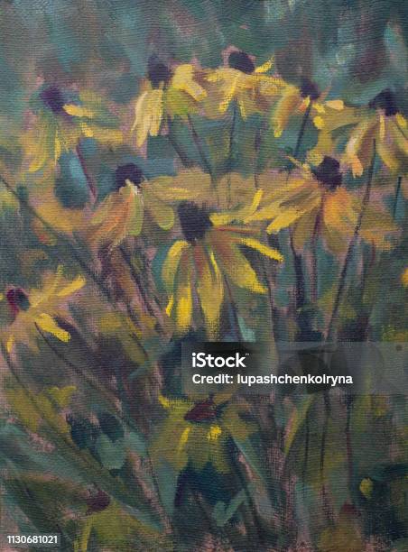 Fashionable Illustration Modern Art Work Flowers My Original Oil Painting On Canvas Impressionism Vertical Summer Landscape Blooming In A Bed Of Rudbeckia Stock Illustration - Download Image Now